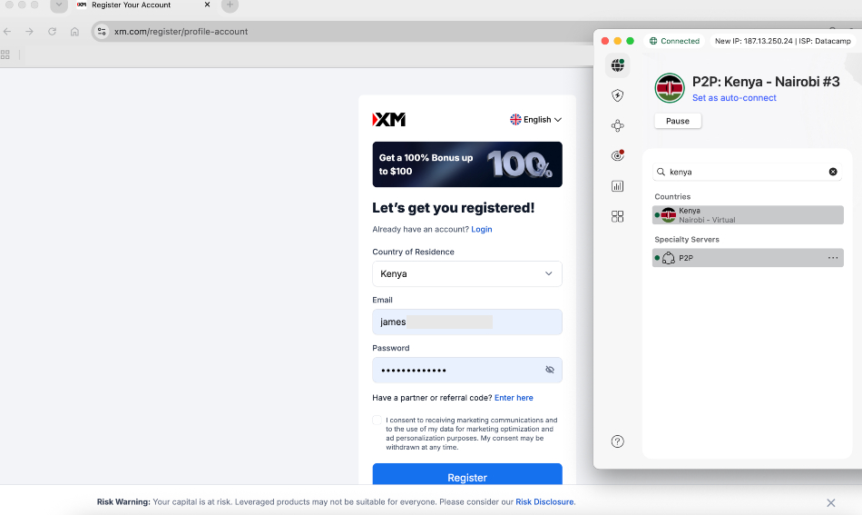 Opening an XM brokerage account from a Nairobi IP address