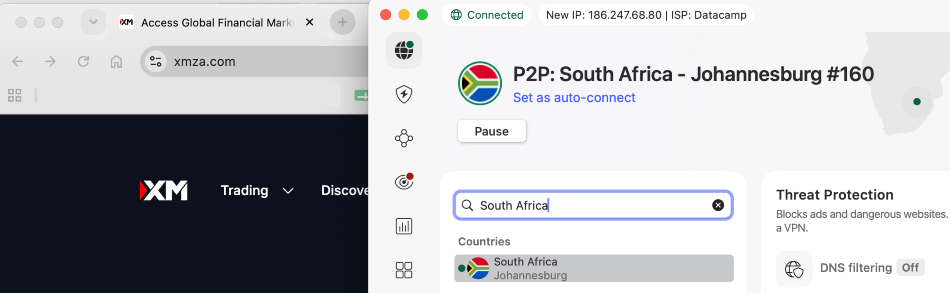 XM South African website with a Johannesburg VPN
