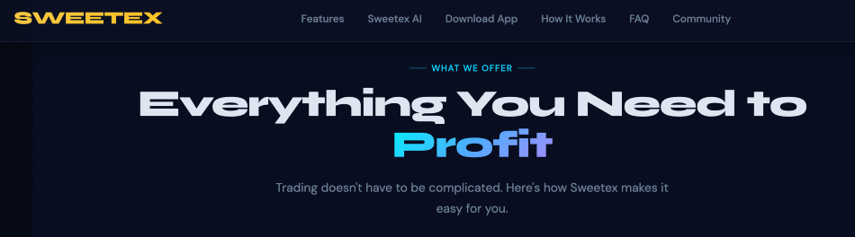 Sweetex homepage marketing with easy money claims