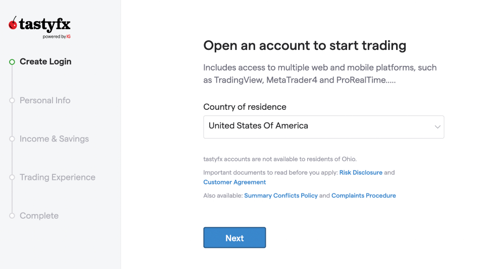 Signing up for a Tastyfx trading account from the USA