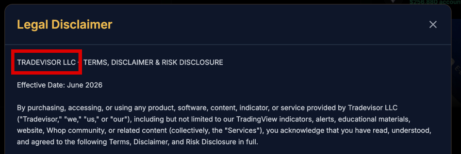 Tradevisor AI Legal Disclaimer showing company name