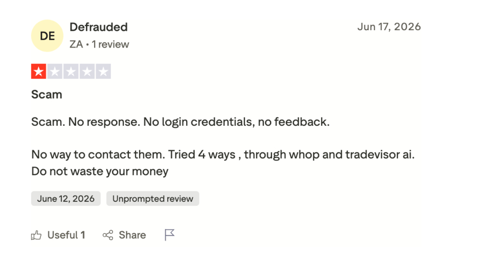 1-star review about Tradevisor AI on Trustpilot