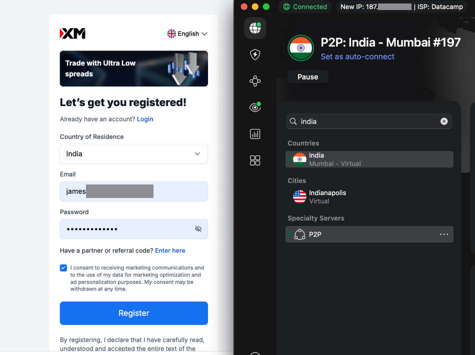 Signing up for an XM trading account from a Mumbai IP address