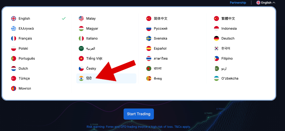Changing the XM website to Hindi