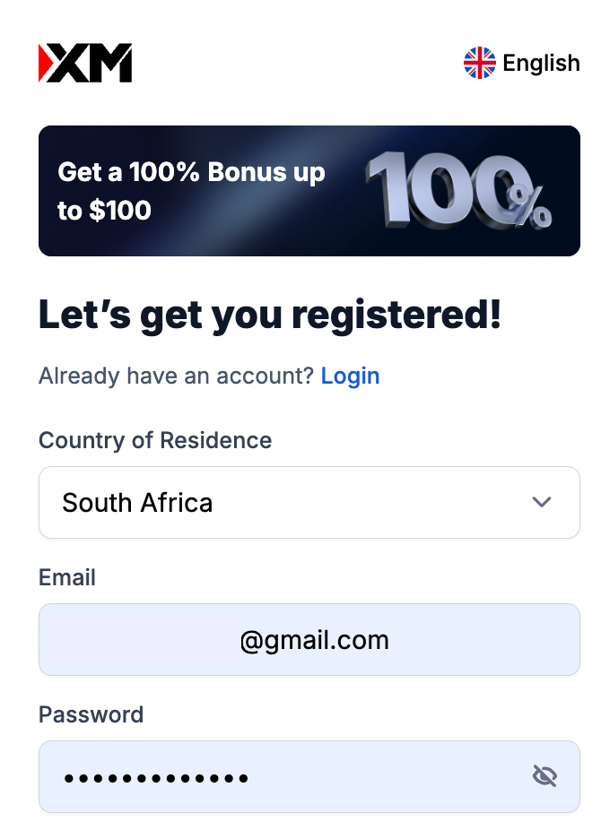 Signing up for XM's welcome deposit bonus in South Africa