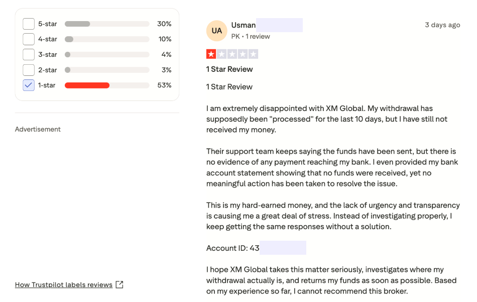 Withdrawal complaint about XM on Trustpilot