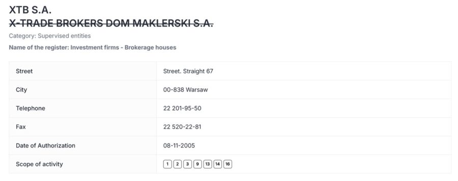 XTB's entry on the Komisja Nadzoru Finansowego database. Source: KNF