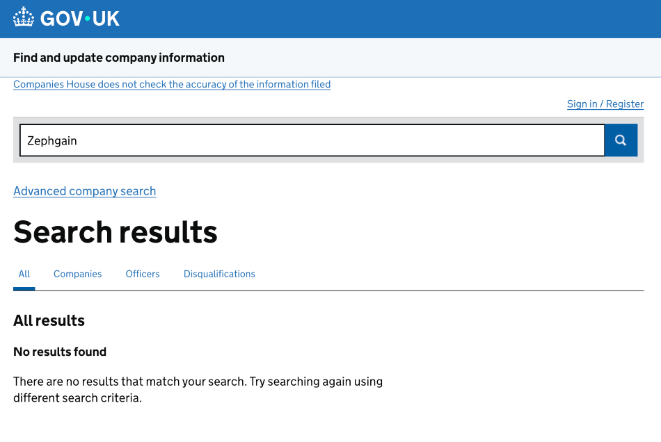 Companies house search for Zephgain showing no results