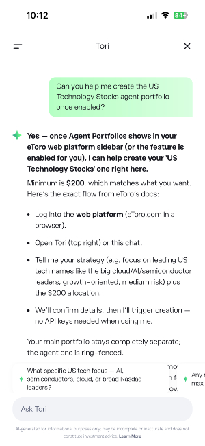 Chat conversation with Tori in the eToro mobile app