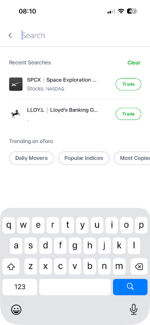 Searching for a stock in the eToro trading app