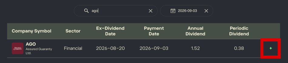 eToro's dividend calendar with 'add to watchlist' button highlighted