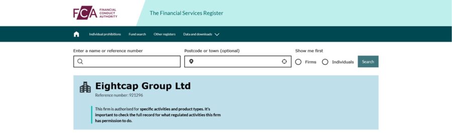 Eightcap on the FCA online register. Source: FCA