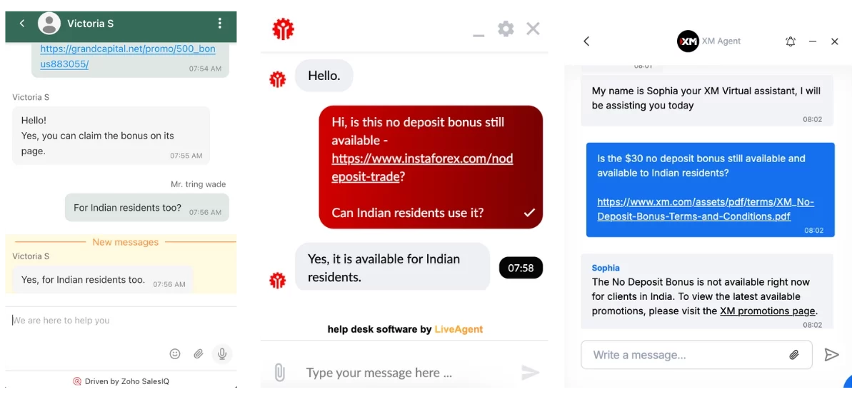 Conversations with broker support teams on live chat to check whether their no deposit bonuses are available in India