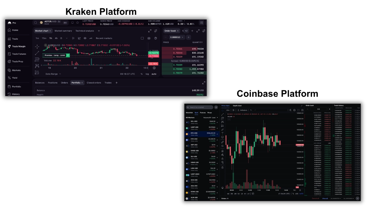 Coinbase and Kraken platforms side by side from testing