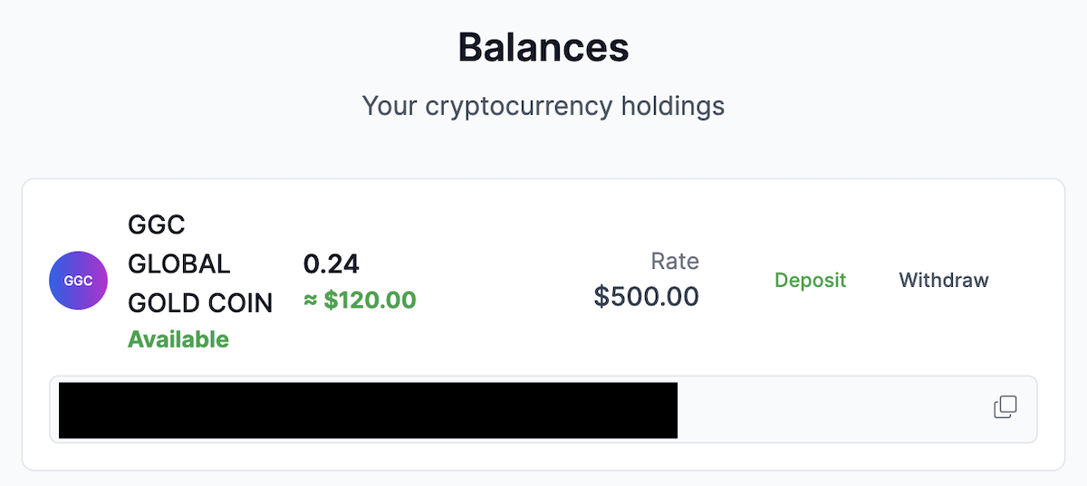 CryptoGold.Exchange account balance page