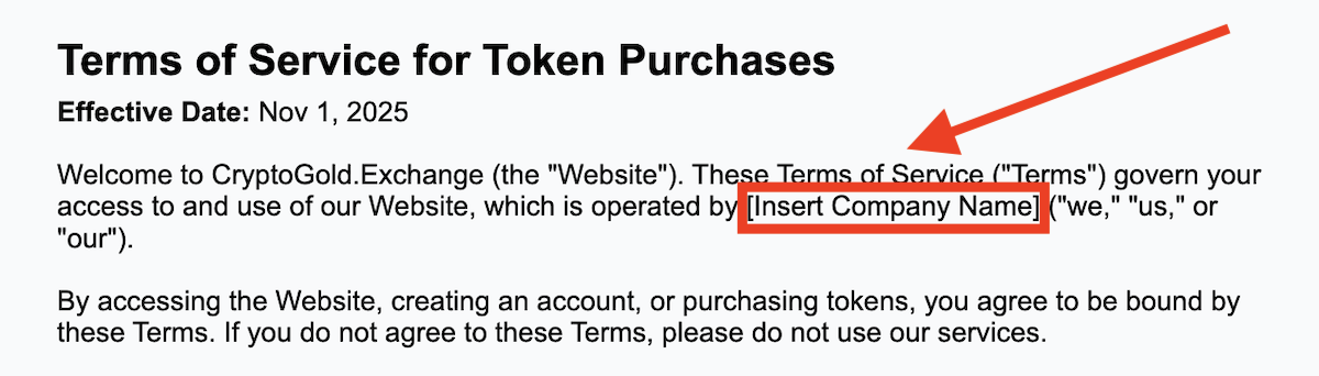 Unfinished terms and conditions on CryptoGold Exchange 