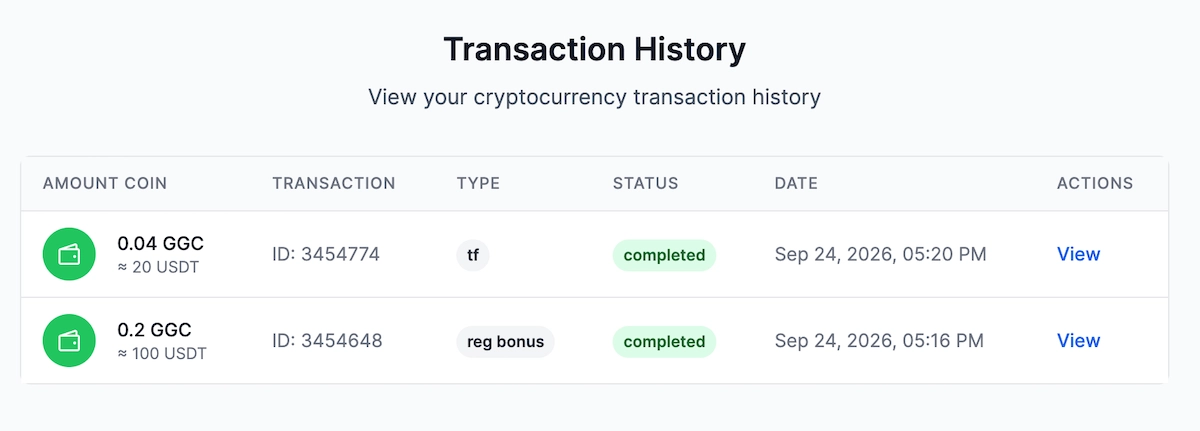 Transactions on CryptoGold Exchange