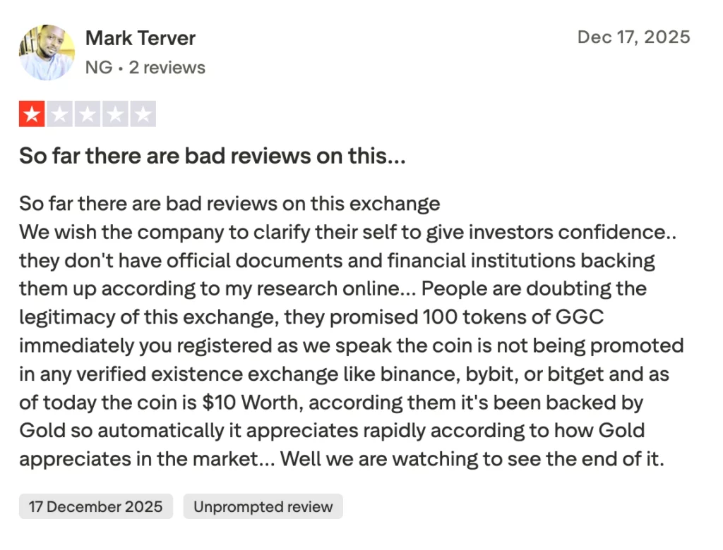 1-star CryptoGold Exchange Trustpilot review