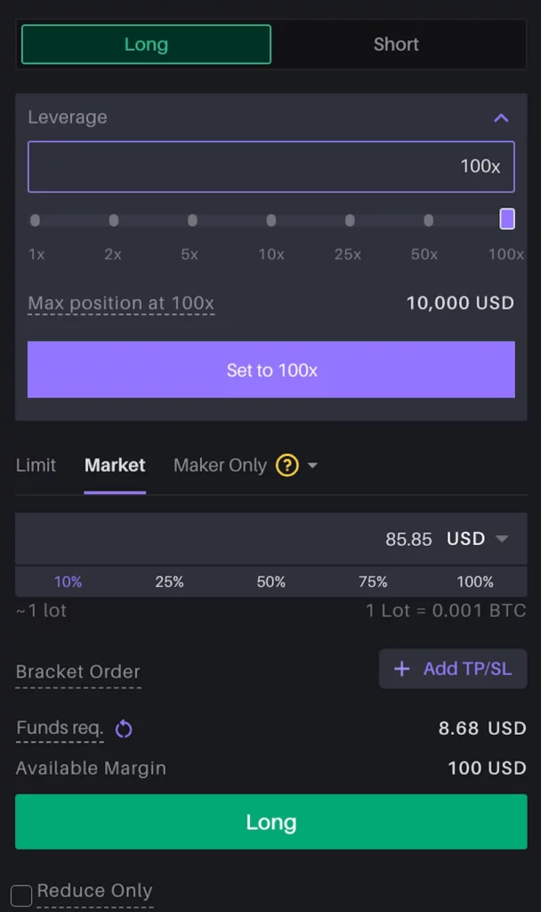 Leverage slider on Delta Exchange platform