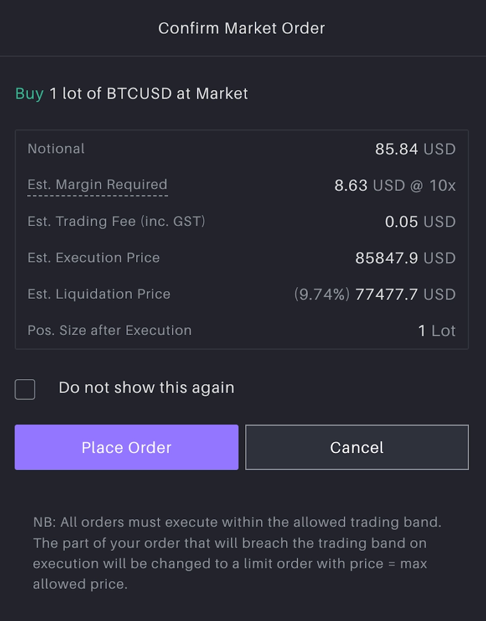 Confirming a trade in the Delta Exchange platform