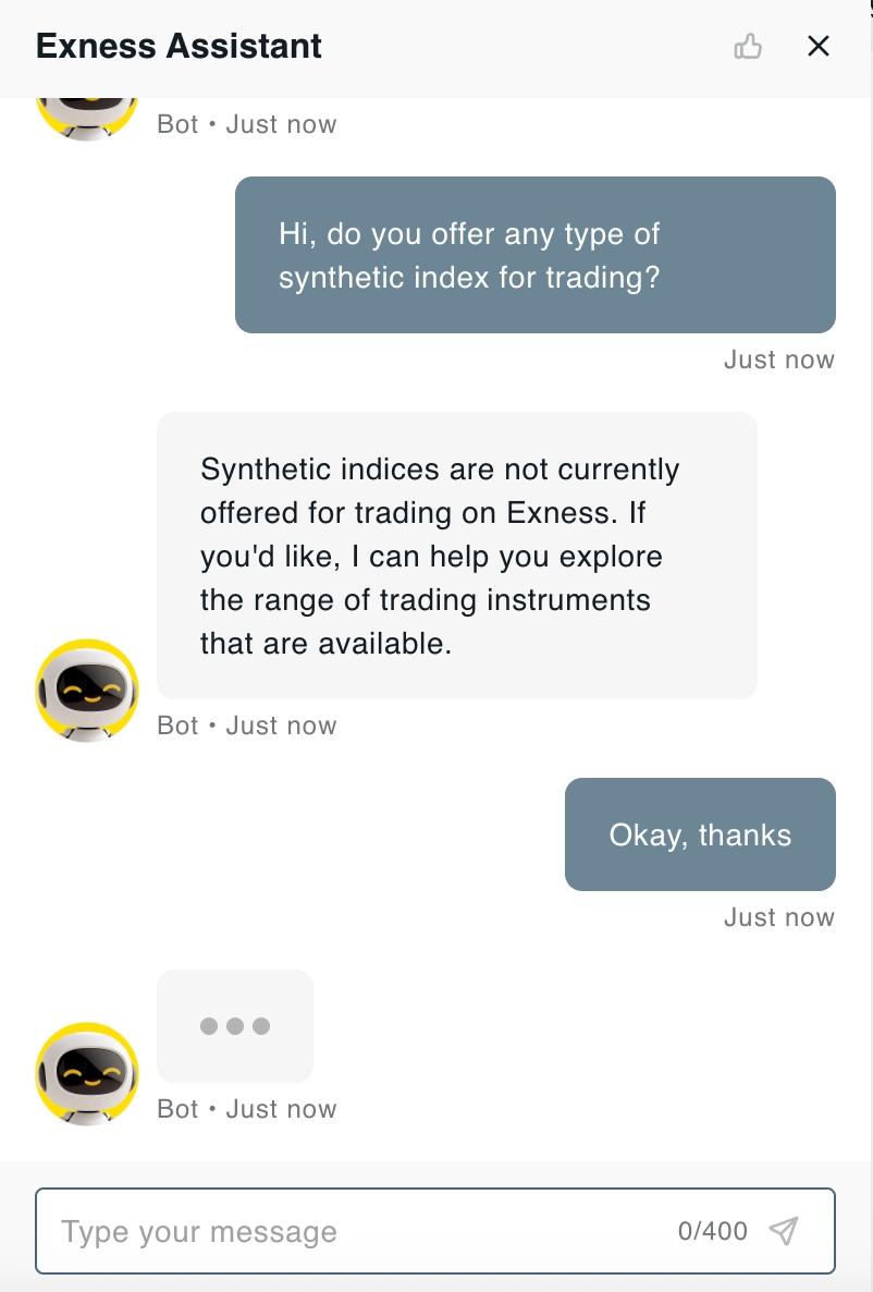 Exness confirming no synthetic indices are available on live chat