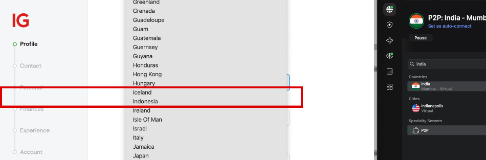 IG list of accepted countries at account sign up