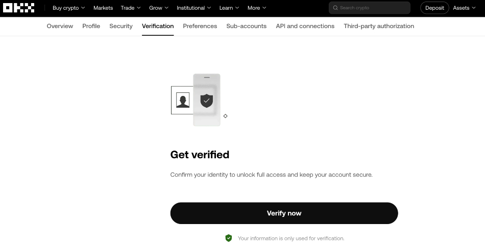 OKX get verified now onboarding page