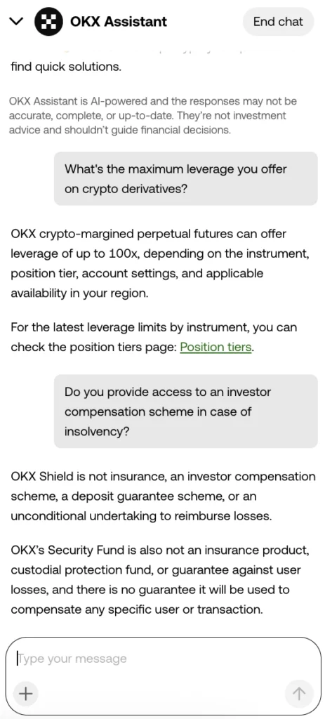OKX live chat support conversation about safety elements