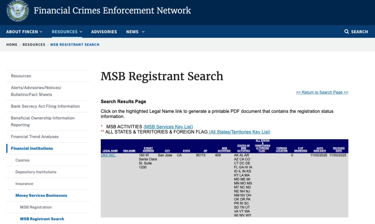 OKX inc on the US MSB database
