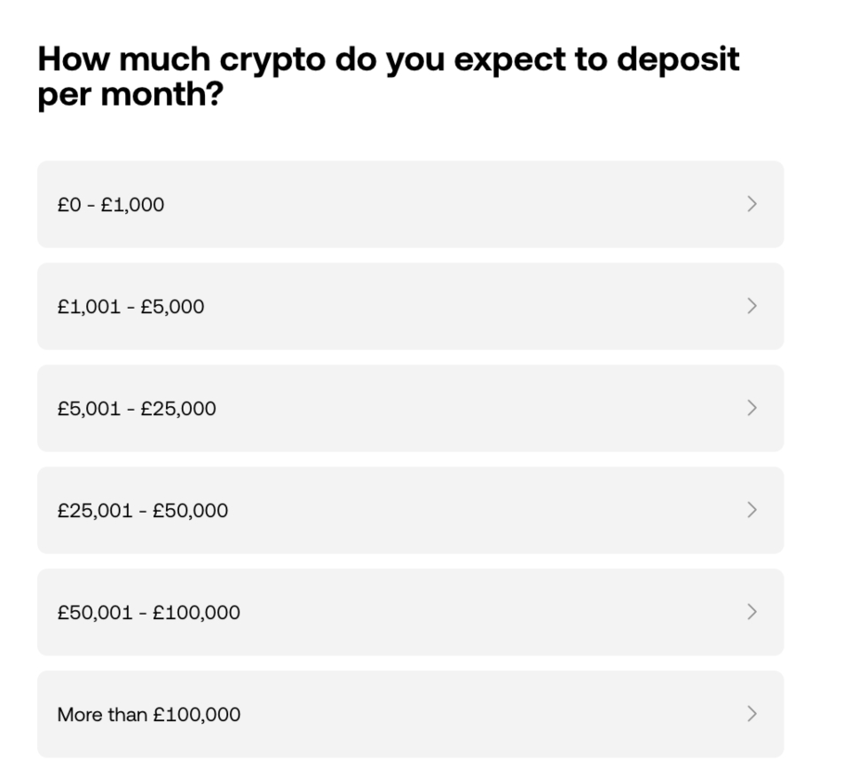 OKX registration question about how much you intend to deposit per month