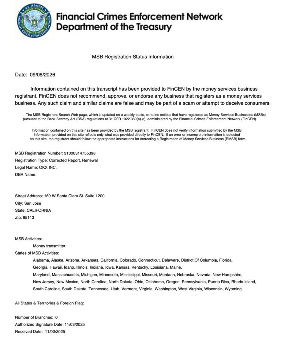 OKX FinCEN regulation check