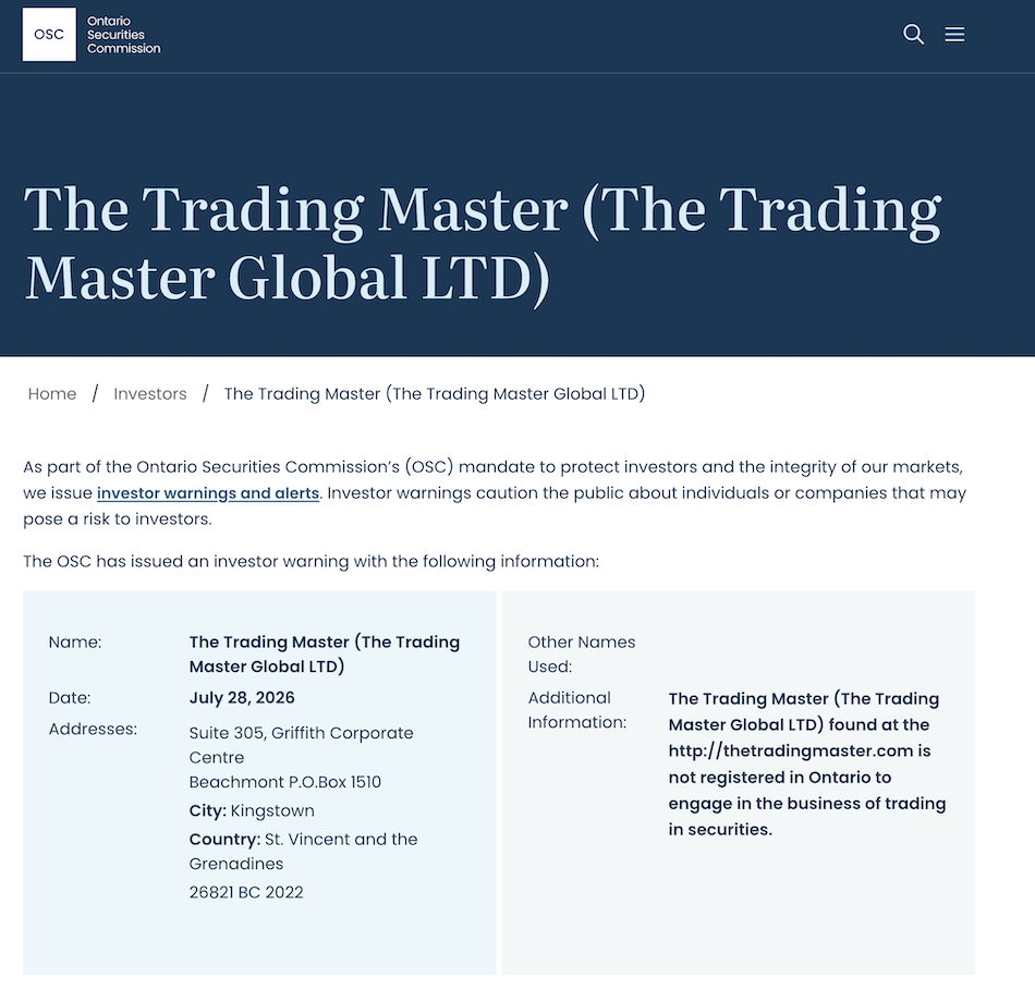 The Trading Master OSC regulatory warning