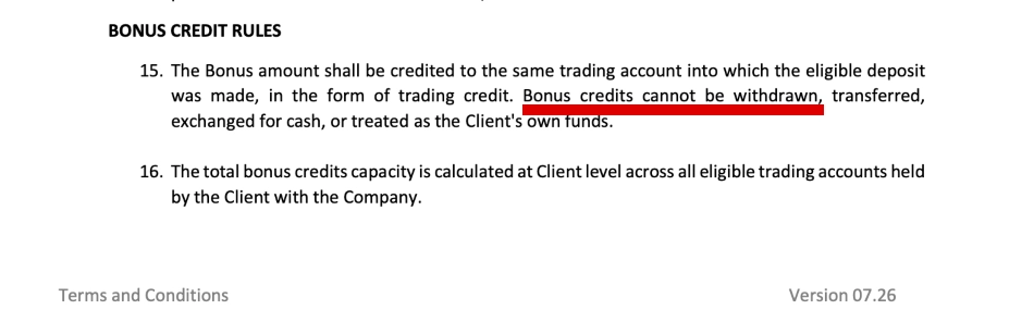 Deposit bonus terms at Windsor Brokers with section on withdrawals not allowed highlighted