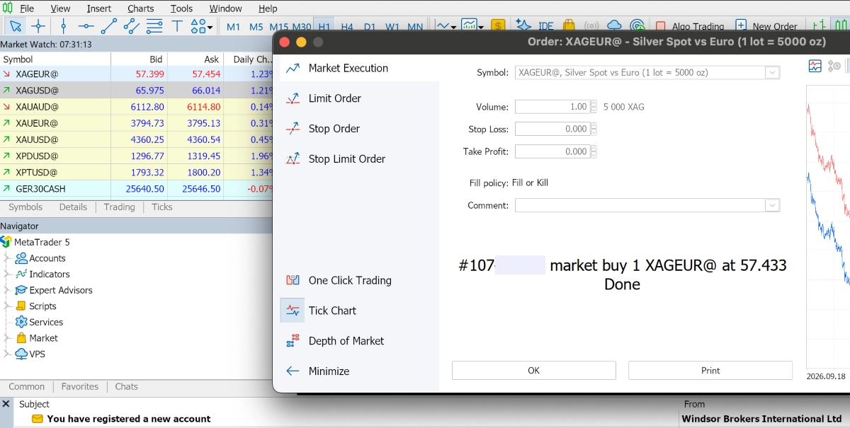 Trade confirmed on MT5 through Windsor Brokers