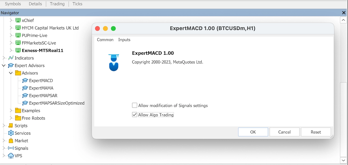 Attaching an expert advisor to MT5 on Exness