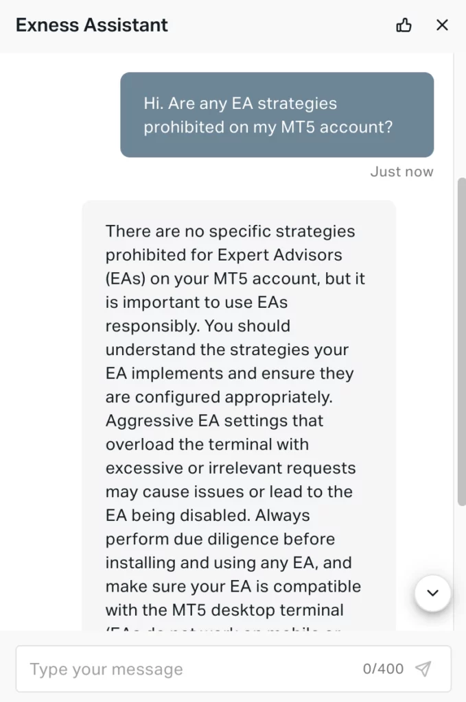 Asking Exness live chat about EA restrictions