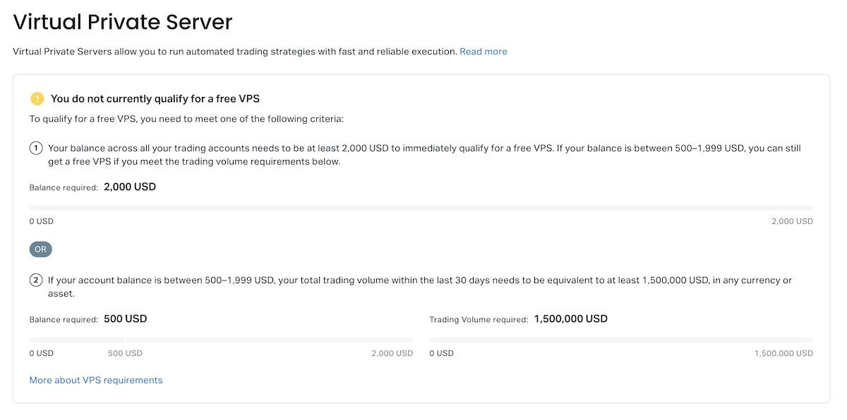 VPS eligibility in Exness account area