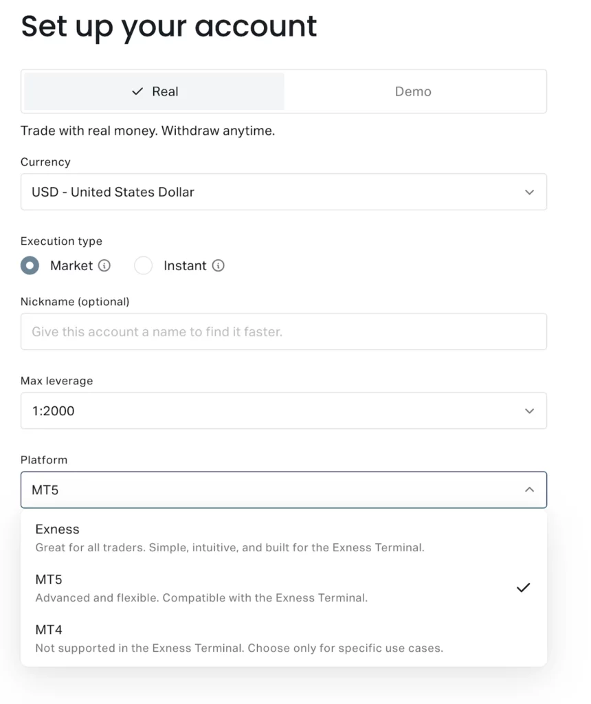 Picking MT5 at Exness account set-up