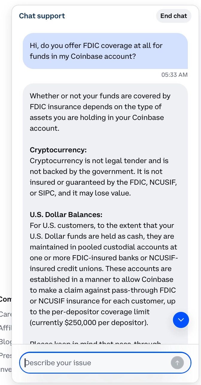Conversation with Coinbase support about FDIC coverage