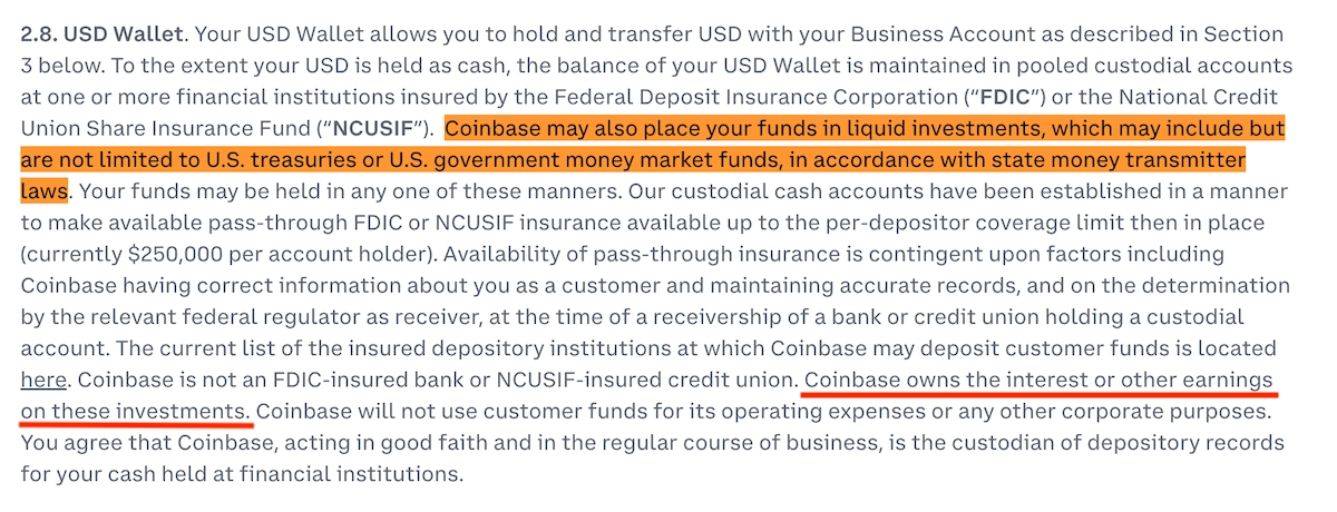 Coinbase US User Agreement on how client funds are held