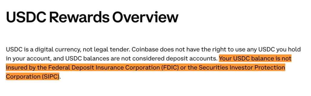 Coinbase USDC Rewards Help page explaining its SIPC coverage