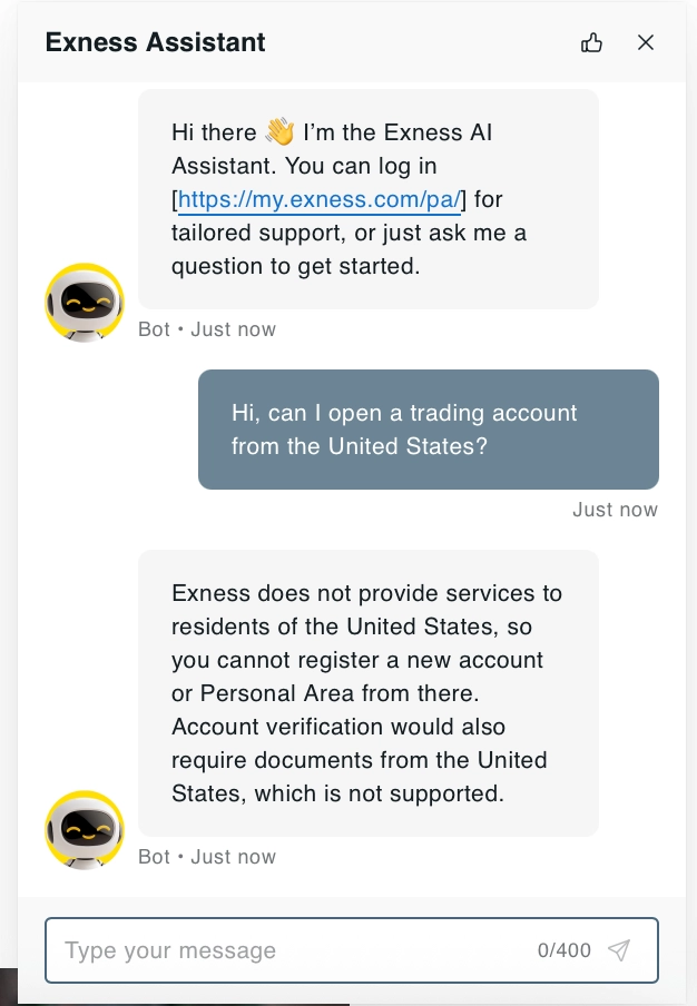 Exness confirming on chat support US clients aren't allowed