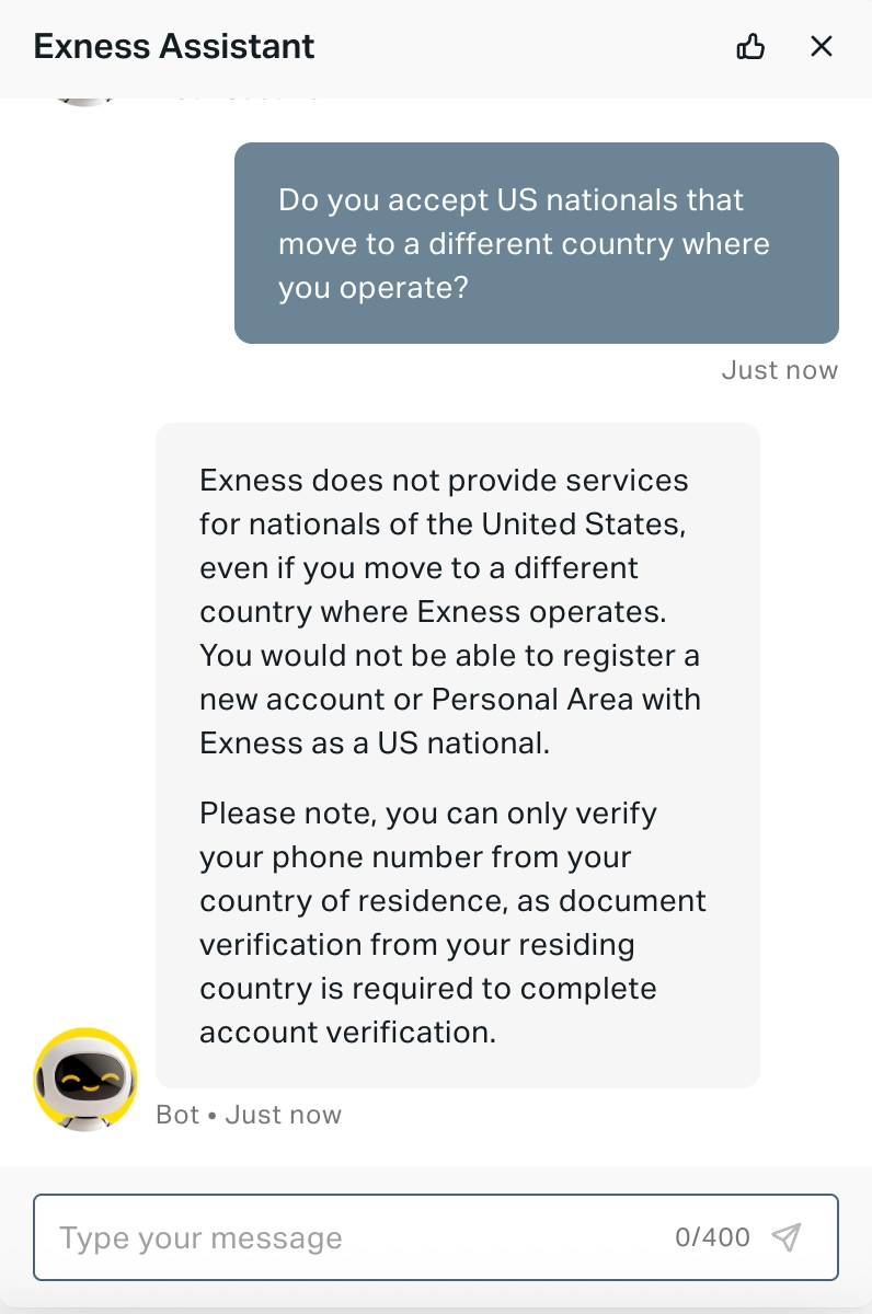 Exness chat confirming US nationals aren't allowed