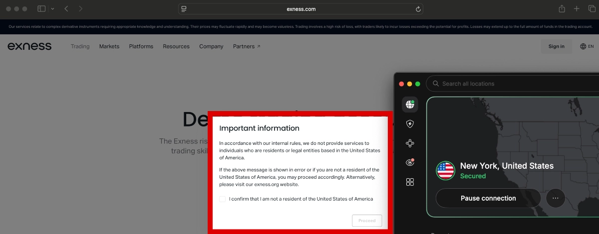 Exness warning to US clients when you open an account