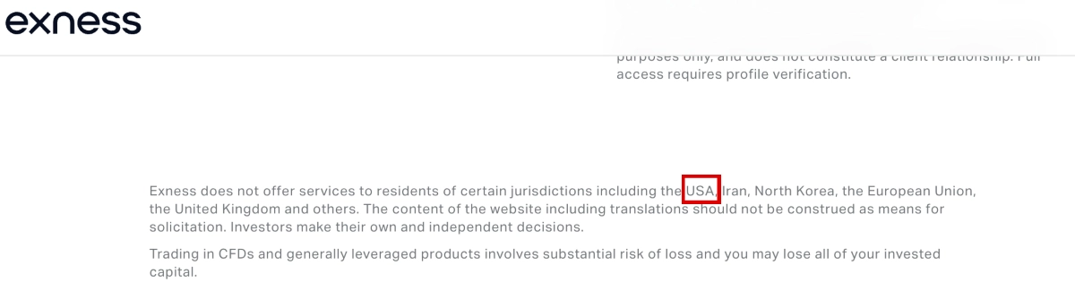 Exness website footer saying US clients not accepted