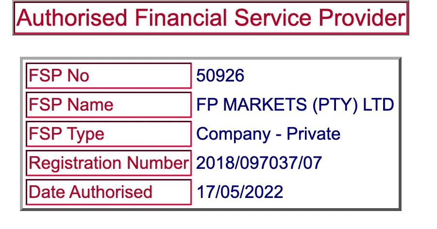 FP Markets on FSCA database