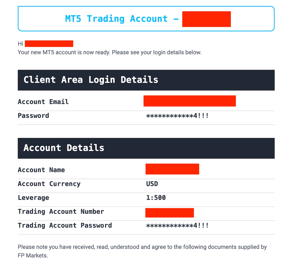 FP Markets MT5 login details email
