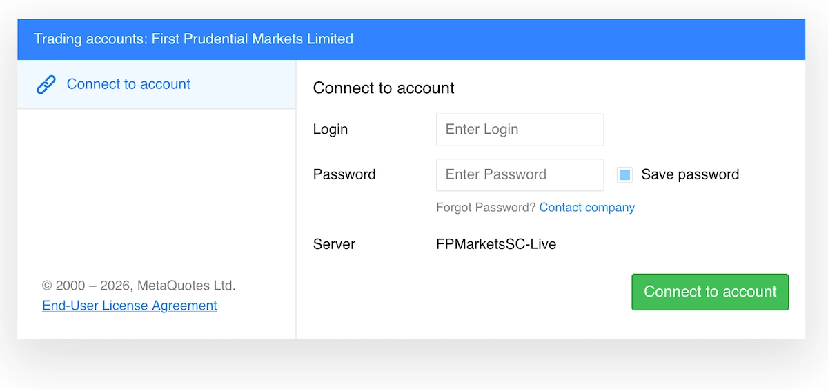 FP Markets MetaTrader 5 webtrader login screen