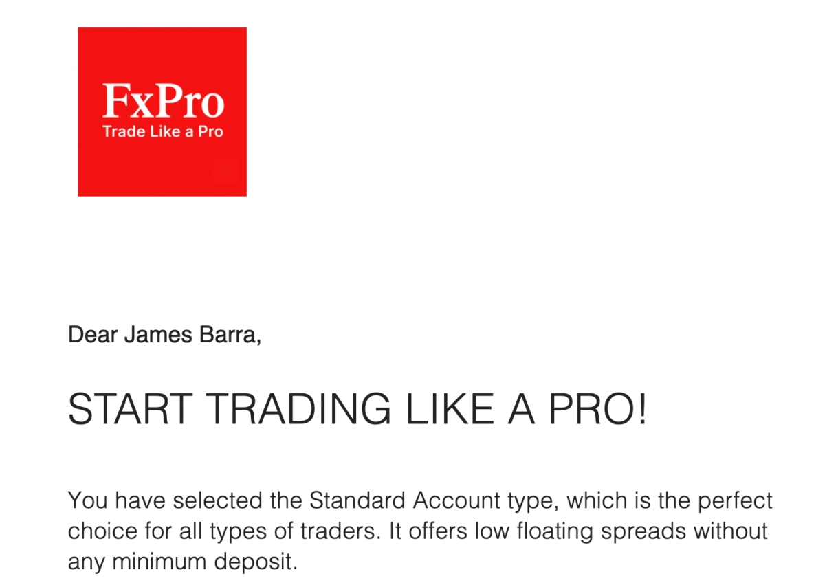 FxPro email confirming a trading account has been registered