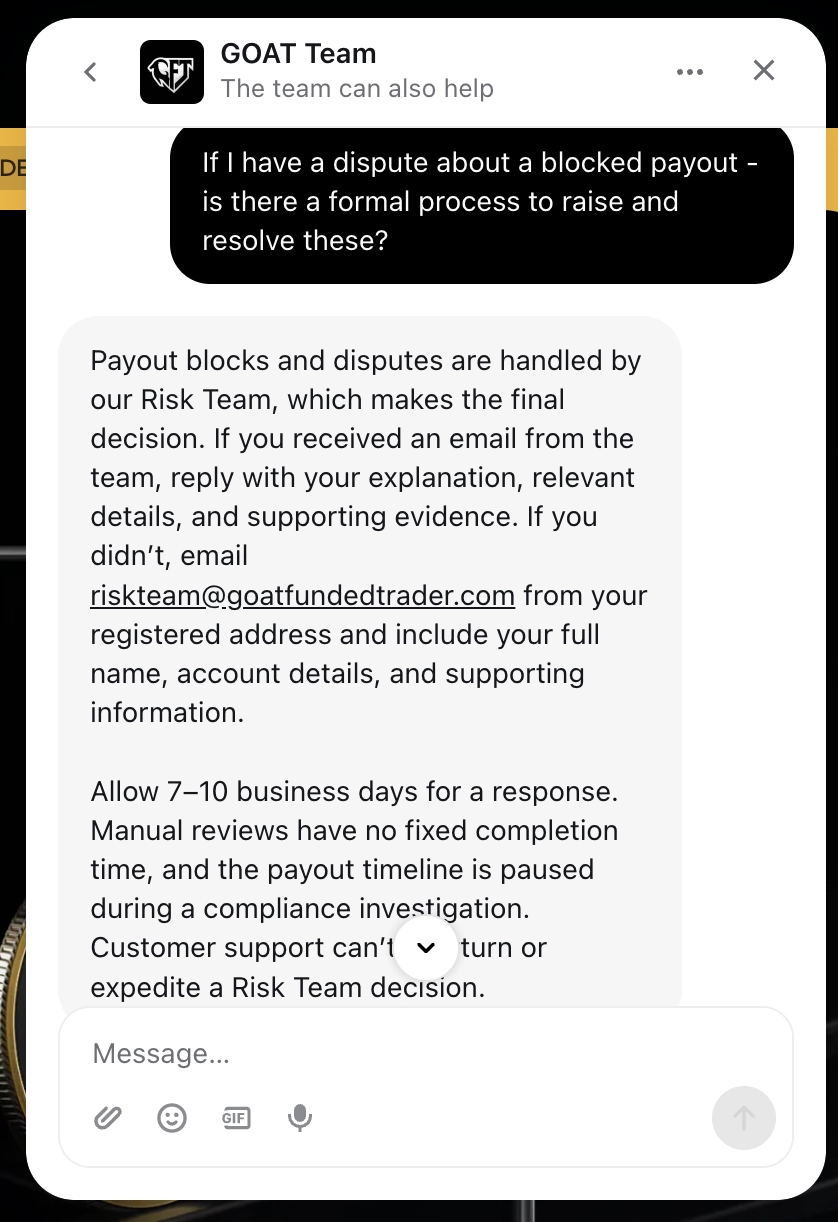 Goat Funded prop firm explaining the recourse options in the event of payout disputes